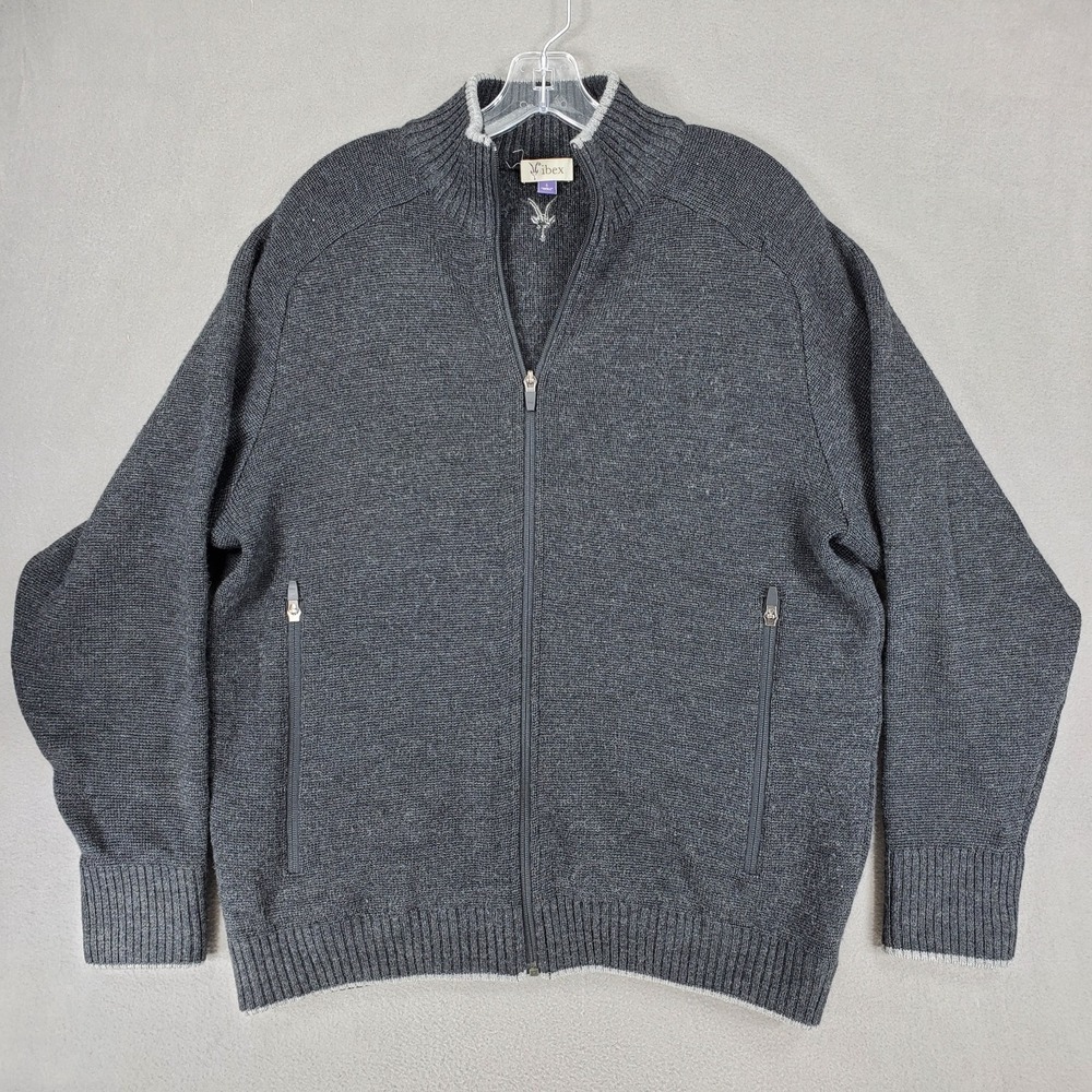 FIaws** Ibex Sweater Mens Large Grey Mock Full Zip Knit Cardigan Superwash Wool